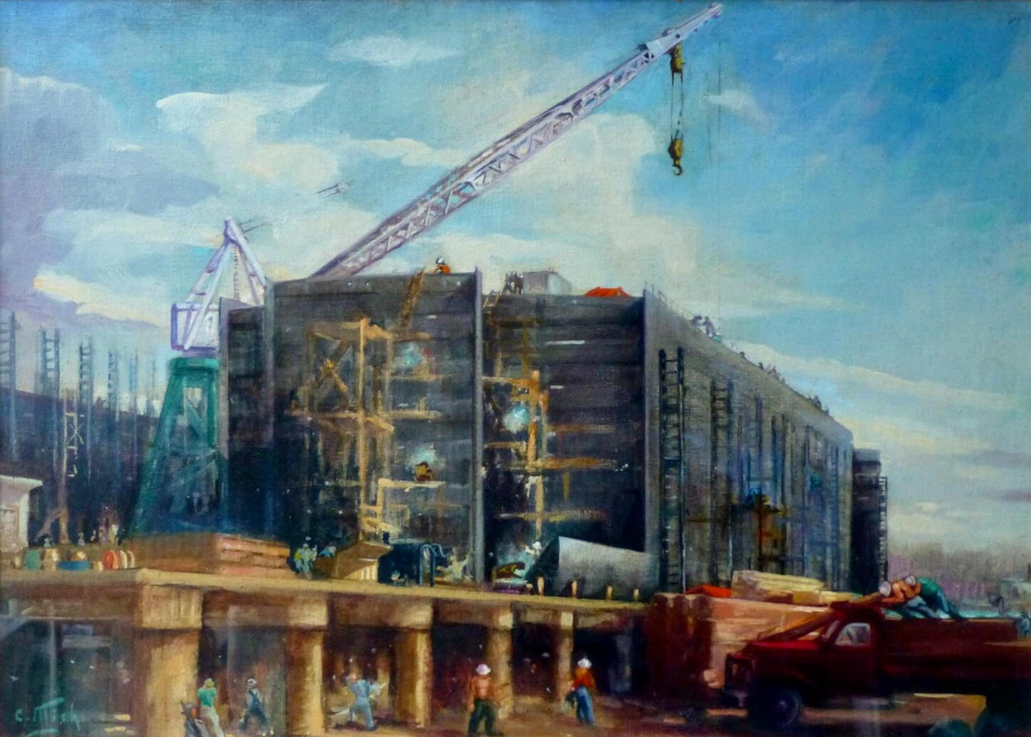 Painting by Charlotte Mish depicting worker activity at the Swan Island shipyards during the construction of the SS Schenectady.