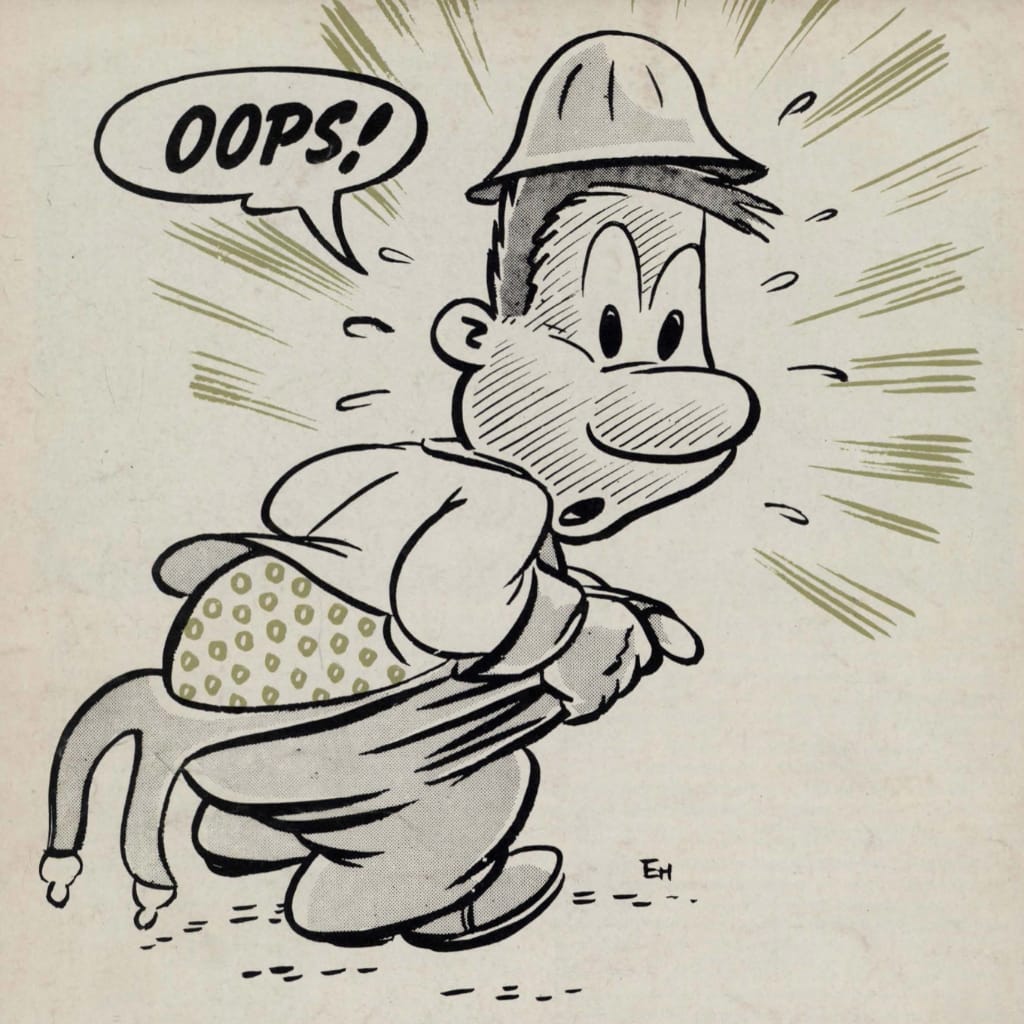 Illustration of Stubby Bilgebottom, overalls undone, boxers exposed, as he looks embarrassed and exclaims, “Oops!”
