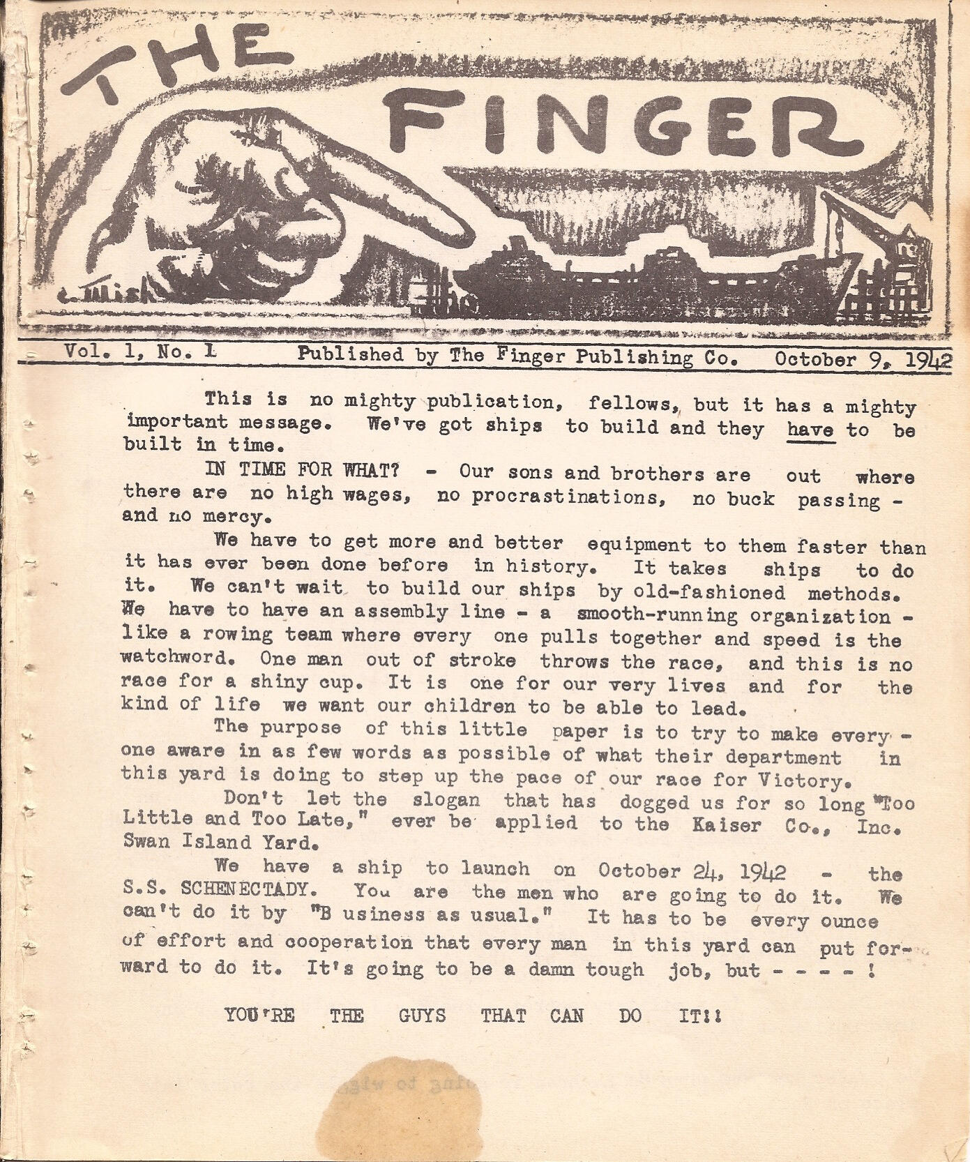 Color scan of the front page of the first edition of The Finger, labeled “Vol. 1, No.1” and dated “October 9, 1942″.