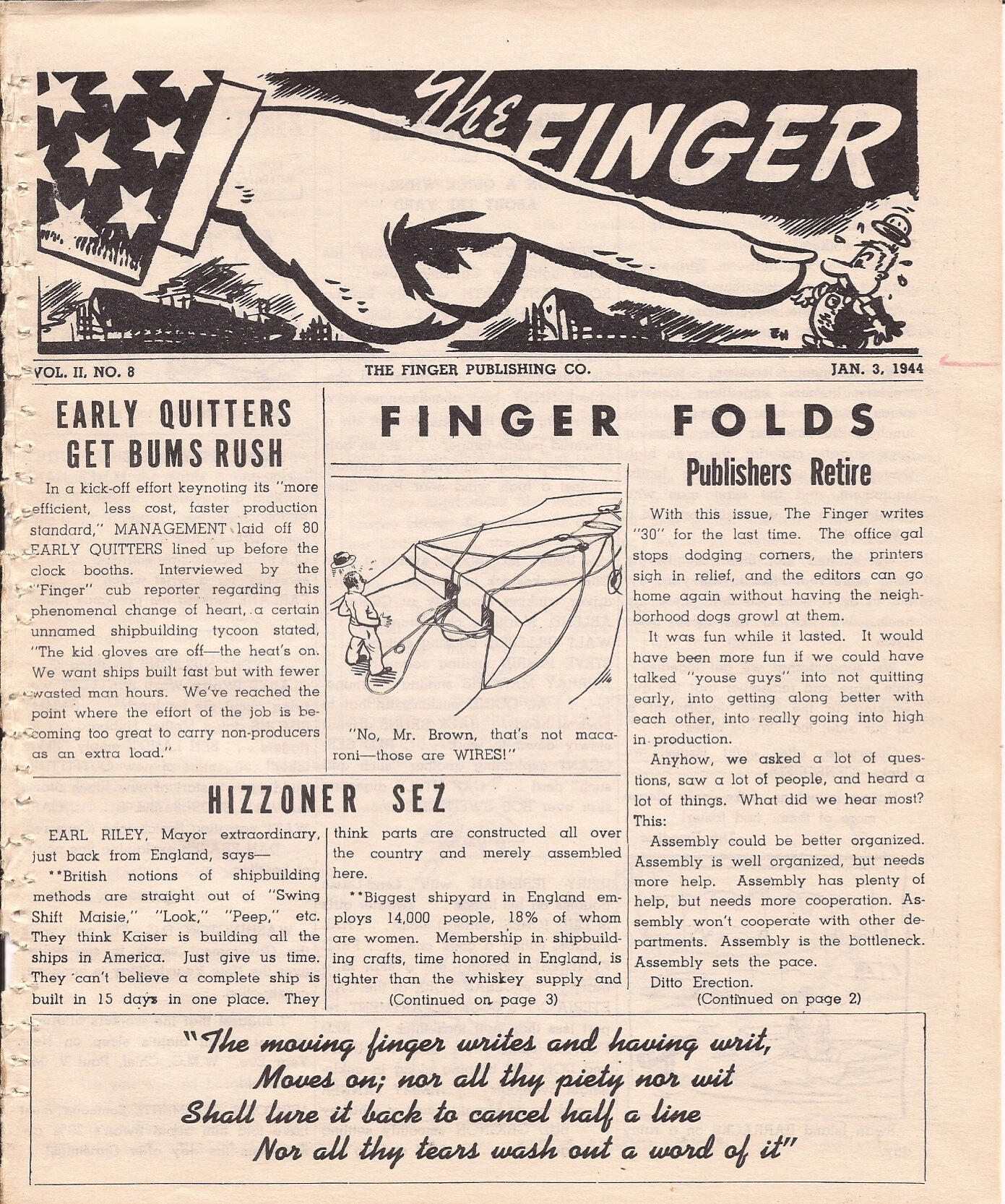 Color scan of the front page of the final edition of The Finger, labeled “Vol. II, No.8” and dated “Jan. 3, 1944″.