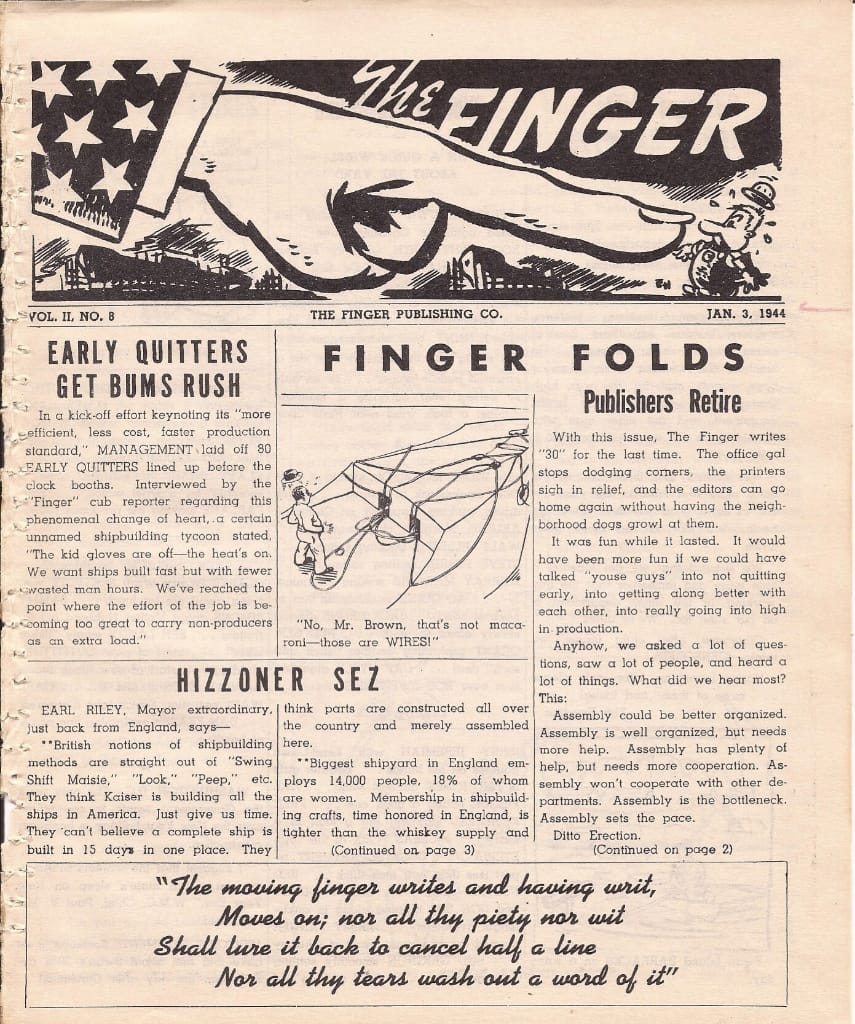 Color scan of the front page of the final edition of The Finger, labeled “Vol. II, No.8” and dated “Jan. 3, 1944″.